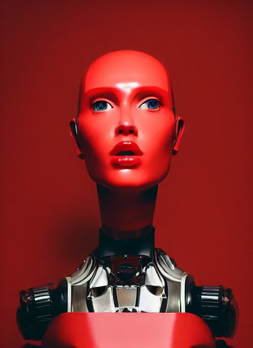 Image similar to a fashion portrait photograph of a robot head art directed by Alexander McQueen, red color palette, 35mm, pentax, studio lighting