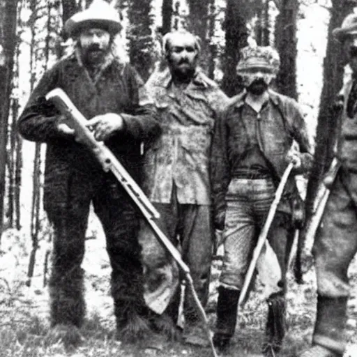 Image similar to an old photograph of hunters proudly standing beside a dead bigfoot