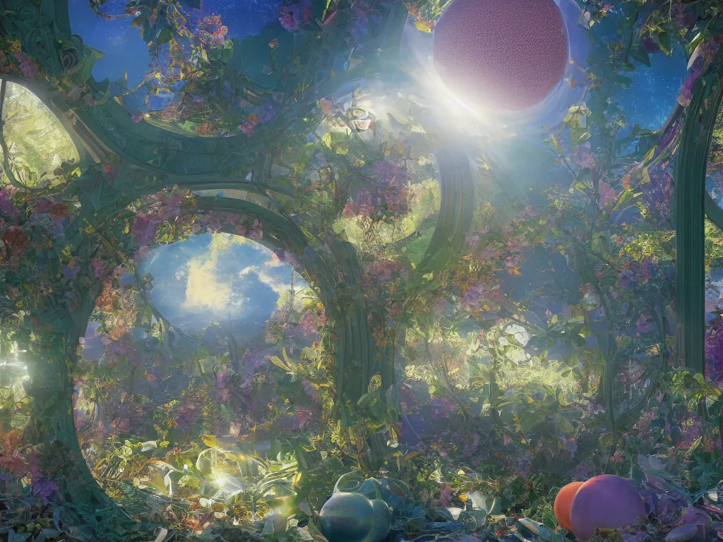 Image similar to 3 d render, sunlight study, the universe is a spheroid region 7 0 5 meters in diameter, art nouveau, by jan davidz de heem and ( ( ( ( ( lisa frank ) ) ) ) ), 8 k, sharp focus, octane render