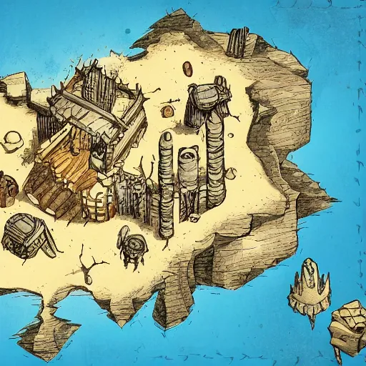 Image similar to an illustrated fantasy map of a small outpost. sand desert. junkyard. d & d. clear design. minimal.