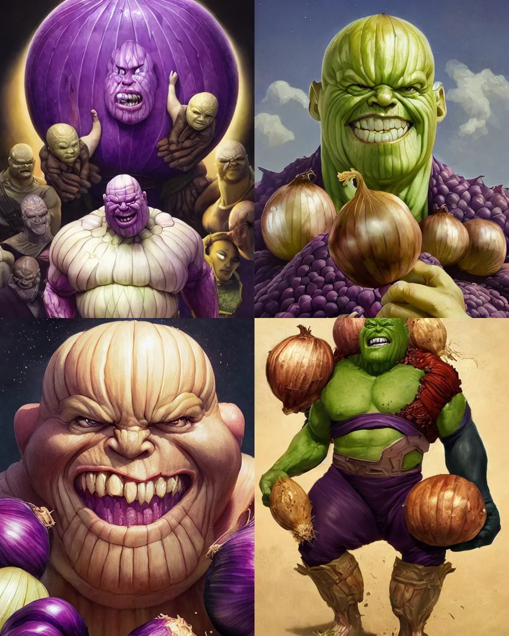 Prompt: garlic thanos holding the largest onion and smiling, character portrait, ultra realistic, concept art, intricate details, highly detailed by greg rutkowski, ilya kuvshinov, gaston bussiere, craig mullins, simon bisley, proud onion hybrid thanos, surrounding onions, smiling and cheerful