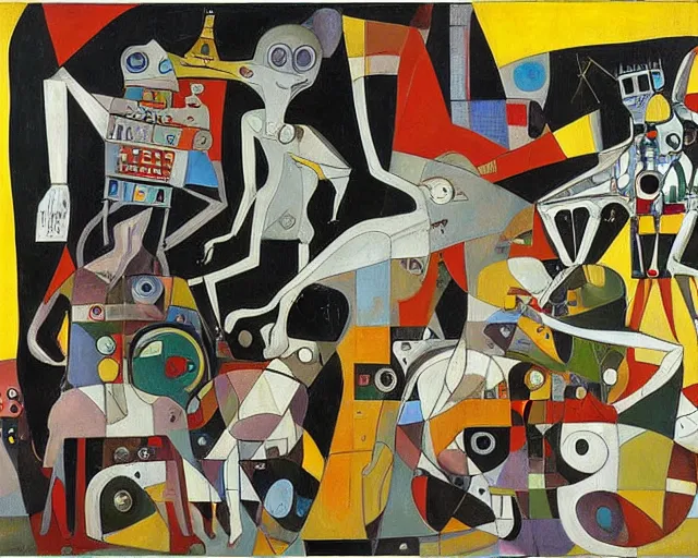 Image similar to a painting of guernica with robots from futurama by graham sutherland, egon schiele, gustav klimt, joan miro, basquiat, expressionism