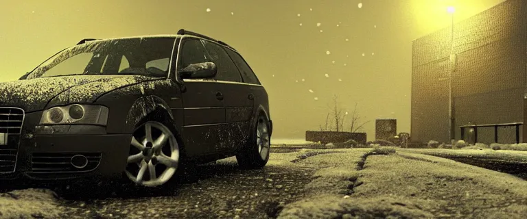 Image similar to Audi A4 B6 Avant (2002), a gritty neo-noir, dramatic lighting, cinematic, eerie person, death, homicide, homicide in the snow, viscera splattered, gunshots, establishing shot, extremely high detail, photorealistic, cinematic lighting, artstation, by simon stalenhag, Max Payne (PC) (2001) winter New York at night, In the style of Max Payne 1 graphic novel, flashing lights, Poets of the Fall - Late Goodbye