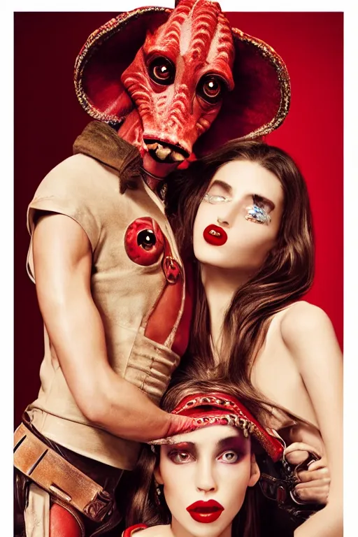Image similar to dolce & gabbana campaign featuring jar jar binks as a female cowgirl, long eyeslashes, huge juicy lips, big seductive eyes, shot by mario testino, realistic vfx simulation