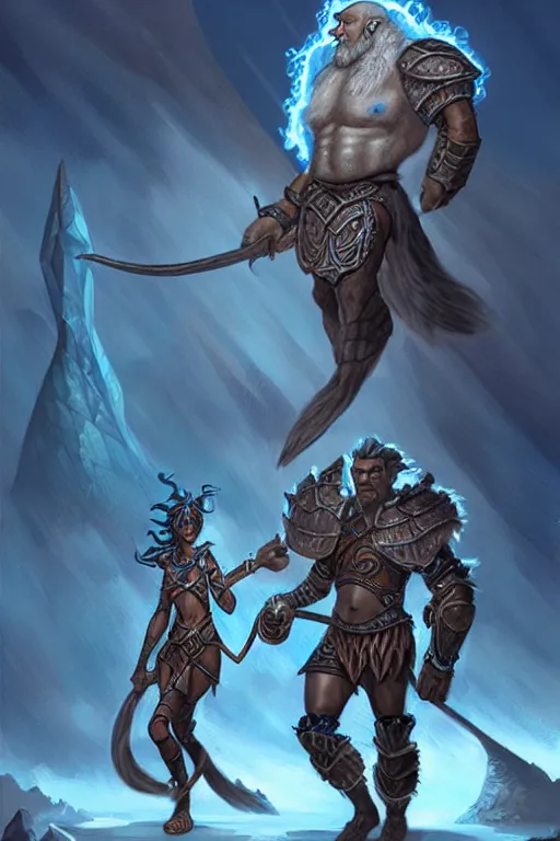 Prompt: a small blue-skinned triton girl wearing scale armor riding on a the shoulders of a large male goliath wearing fur and leather armor, dnd concept art, painting by keith parkinson