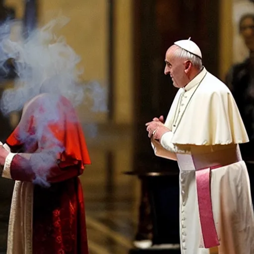 Prompt: the pope smoking a blunt and exorcising some demons