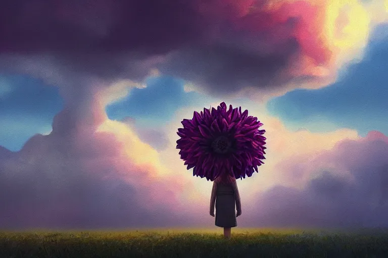 Image similar to closeup giant dahlia flower as head, girl standing on mountain, surreal photography, blue storm clouds, dramatic light, impressionist painting, digital painting, artstation, simon stalenhag