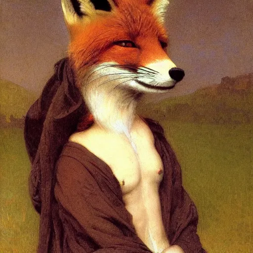 Prompt: A portrait of a fox in a scarf by William-Adolph Bouguereau, fox wearing a scarf