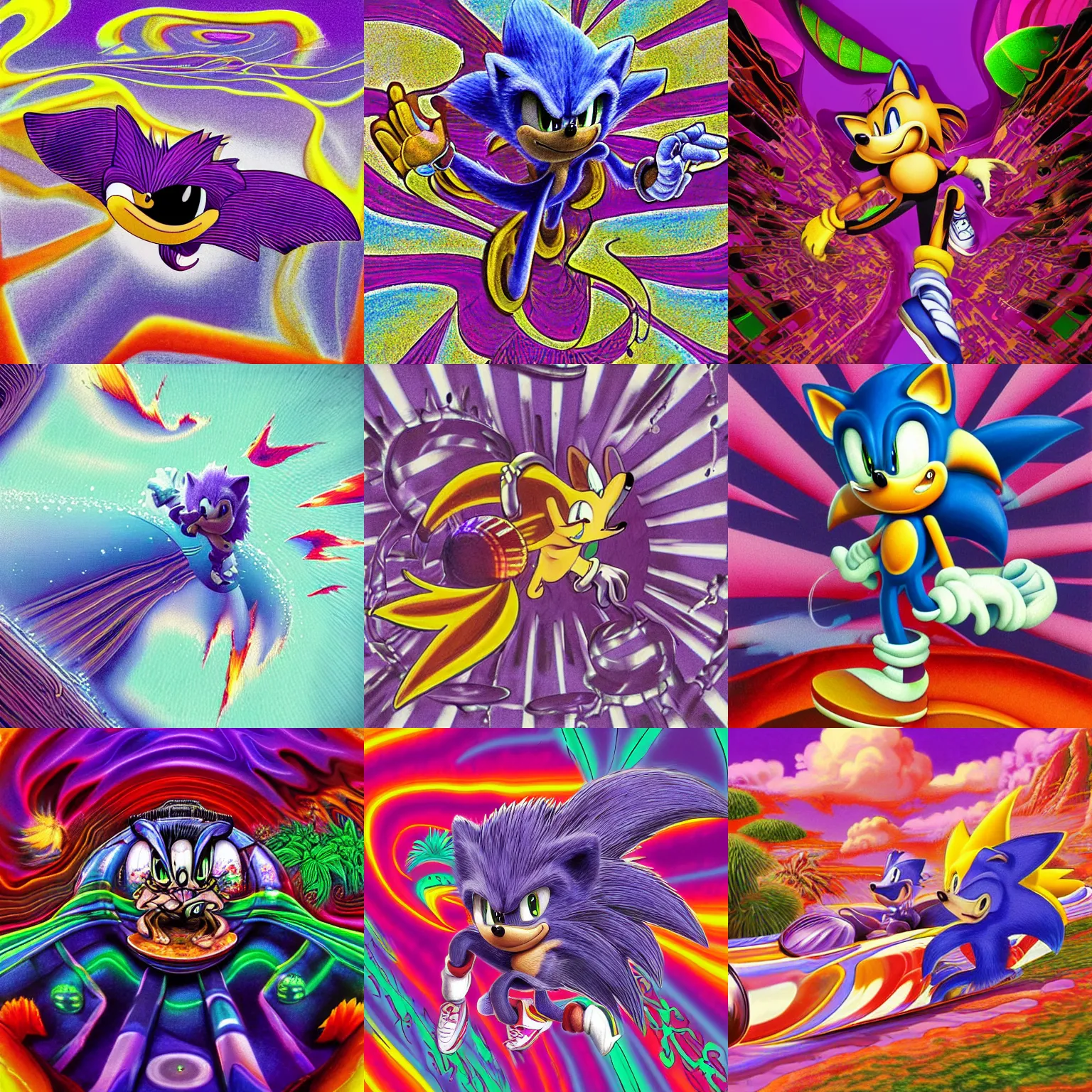 Prompt: surreal, faded, detailed professional, high quality airbrush art MGMT album cover of a liquid dissolving LSD DMT sonic the hedgehog on a flat purple checkerboard plane, Pacific Coast surfing 1990s 1992 prerendered graphics raytraced phong shaded album cover