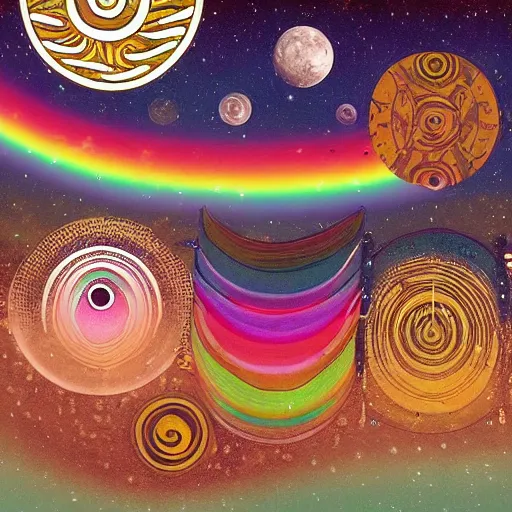 Prompt: Liminal space in outer space, Global Village Coffeehouse aesthetic, earth rainbow tones, tribal ancient imagery, suns, spirals