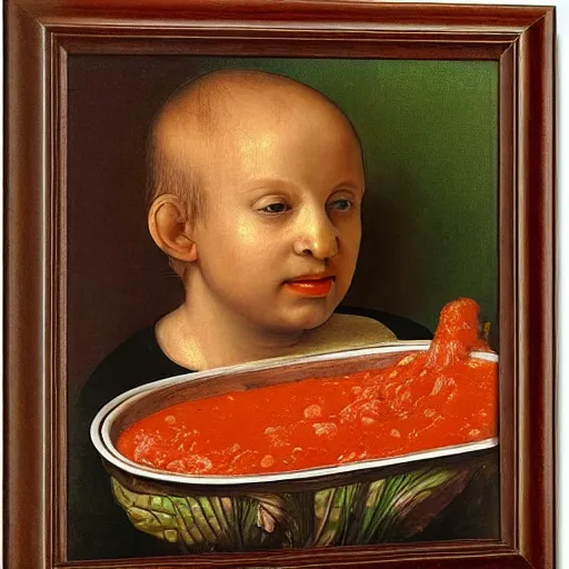 Image similar to a boy sitting in a tub full of tomato sauce, a lot of cabbage, by giuseppe arcimboldo and ambrosius benson, renaissance, portrait, fruit, intricate and intense oil paint, realistic, award - winning