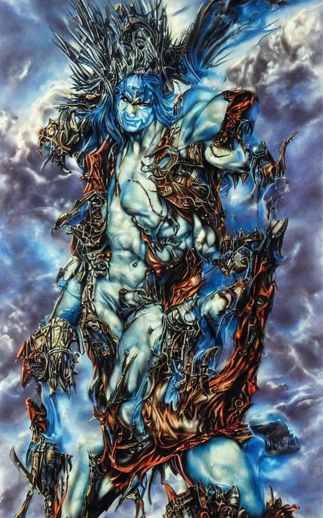 Image similar to blue djinn in the sky heavy metal airbrush iron spike fantasy 80s by simon bisley detailed, masterpiece