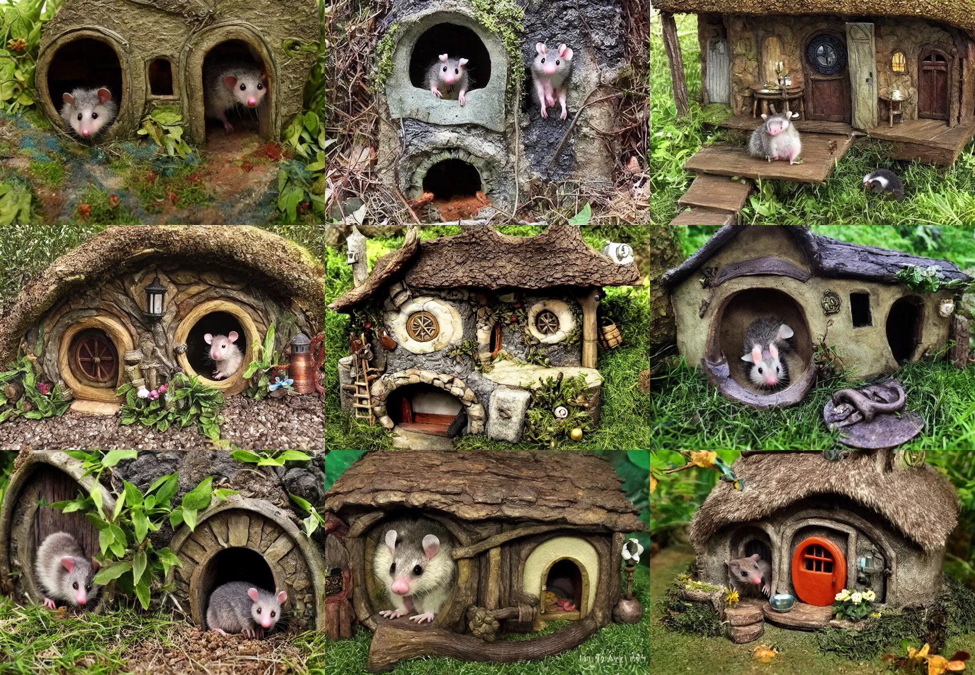 Prompt: cute possum dwelling a hobbit cottage, dark fantasy