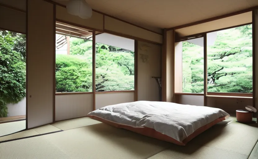 Prompt: a japanese bedroom interior, minimalist, bed, cupboards, wood, concrete, green walls, bright, windows, plants, carpet, moody light, view of a inner courtyard, retro futuristic, earth colors