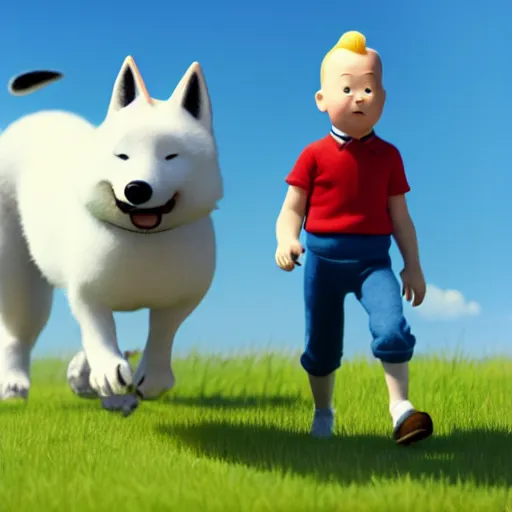 Image similar to tintin and his white fox terrier, depicted as a pixar character, high quality cg render, 8 k