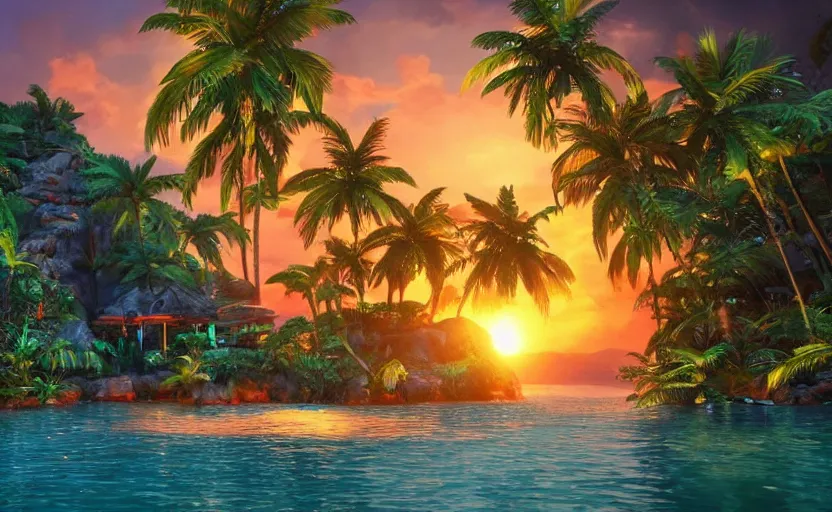 Image similar to a tropical resort in a jungle paradise, with a beautiful red and blue sunset, dynamic lighting, photorealistic fantasy concept art, trending on art station, stunning visuals, creative, cinematic, ultra detailed, ray tracing, sun rays, native tribes, wonderous waters, amazing detail