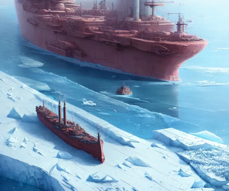 Image similar to one singular solo enormous gigantic steel ship - shaped fortress sailing across an icy frozen ocean. masterpiece, cinematic, octane render, depth of field, bokeh, architecture, aerial view, art by tom bagshaw, geof darrow, james gurney, filip hodas