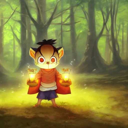 Image similar to concept art painting of an anthropomorphic luffy chipmunk wearing a yellow cloak, holding a lantern, in the deep forest, realistic, detailed, cel shaded, in the style of makoto shinkai and greg rutkowski and james gurney