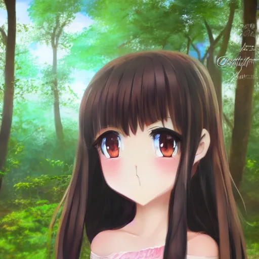 Image similar to 3d portrait of an adorable anime girl with long brown hair, looking partly to the left, blue shining eyes, light makeup, light pink lipstick, bokeh forest background, 4k, highly detailed, anime art style