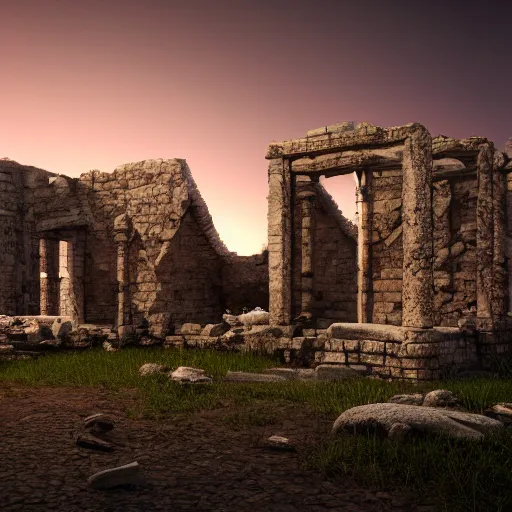 Image similar to 8 k hd detailed octane render of an ancient ruin at twilight