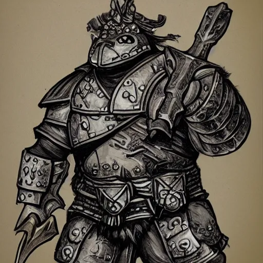 Image similar to ogre warrior wearing plated armor who is holding a battle axe in the style of warhammer fantasy : : head and torso drawing