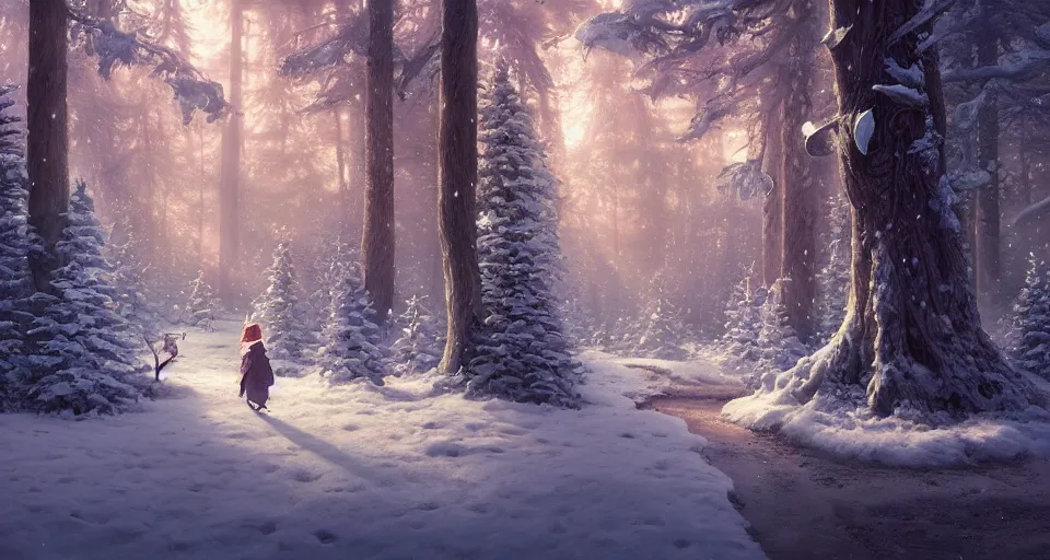 Image similar to highly detailed snowy fairytale forest, stephen bliss, unreal engine, greg rutkowski, loish, rhads, beeple, makoto shinkai and lois van baarle, ilya kuvshinov, rossdraws, tom bagshaw, tom whalen, alphonse mucha, global illumination, god rays, detailed and intricate environment