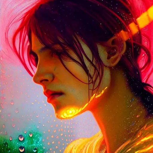 Image similar to bright asthetic portrait LSD glowing backlit rain on face and wet hair, fantasy, intricate, elegant, dramatic lighting, highly detailed, lifelike, photorealistic, digital painting, artstation, illustration, concept art, smooth, sharp focus, art by John Collier and Albert Aublet and Krenz Cushart and Artem Demura and Alphonse Mucha