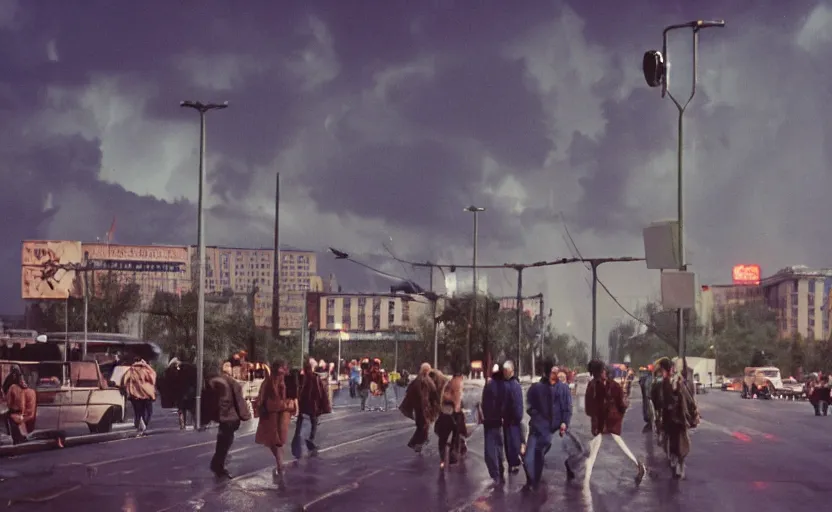 Image similar to 70s movie still of a sovietic street with pedestrians with soviet highrise in the backround , Cinestill 800t 18mm ektachrome color, heavy grainy picture, very detailed, high quality, 4k panoramic, HD criterion, dramatic lightning, streetlight at night, rain, gigantic marx portraits on the walls