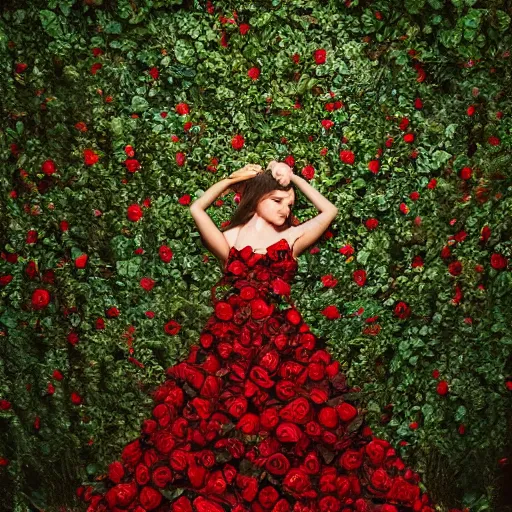 Image similar to full body image of a beautiful woman covered in ivy and red roses, ornate gown standing in a bed of roses, rim light, dynamic lighting, etherial lighting, ultra - detail, concept art, elegant