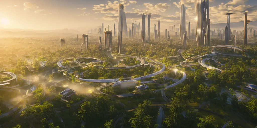 Prompt: a utopian solarpunk city, meadows and rivers, futuristic architecture, hyperrealism, octopath traveler, octane render, misty, highly rendered, global illumination, radiant light, golden hour, cinematic, by vincent callebaut and zaha hadid and zack snyder, 8 k