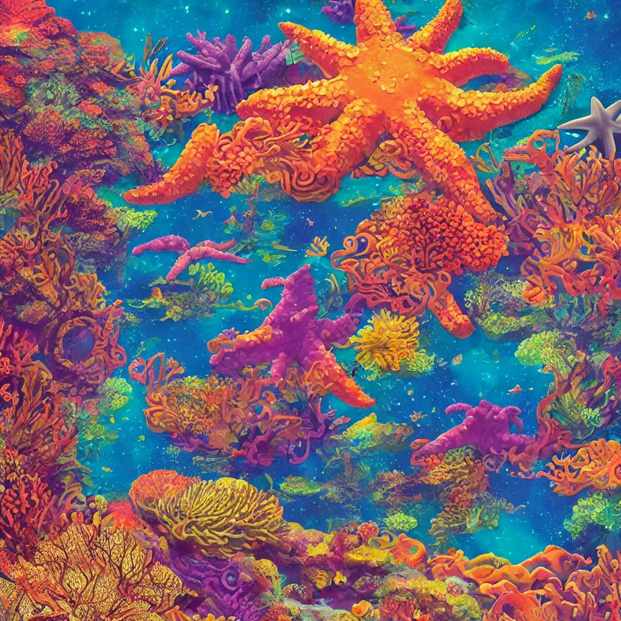 Prompt: album art, retrofuturism, of different coloured corals, with big starfish, creatures, rocky landscape, floating waterfalls, omni magazine, beautiful visuals