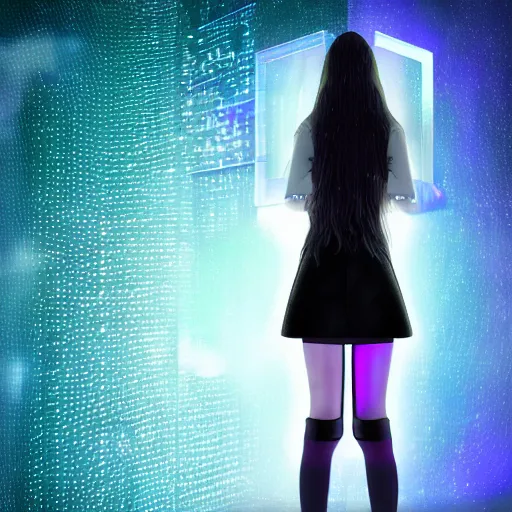 Prompt: hyperdetailed digital beautiful girl wearing a short skirt in the rain interacting with a holographic interface on a wall in a future cyber punk style city trending on art station