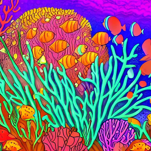 Prompt: coral underwater colorful, fantasy, intricate, highly detailed, little fish and sea life digital painting, hd, trending on artstation, illustration, fine lines, sharp edges, colourful,