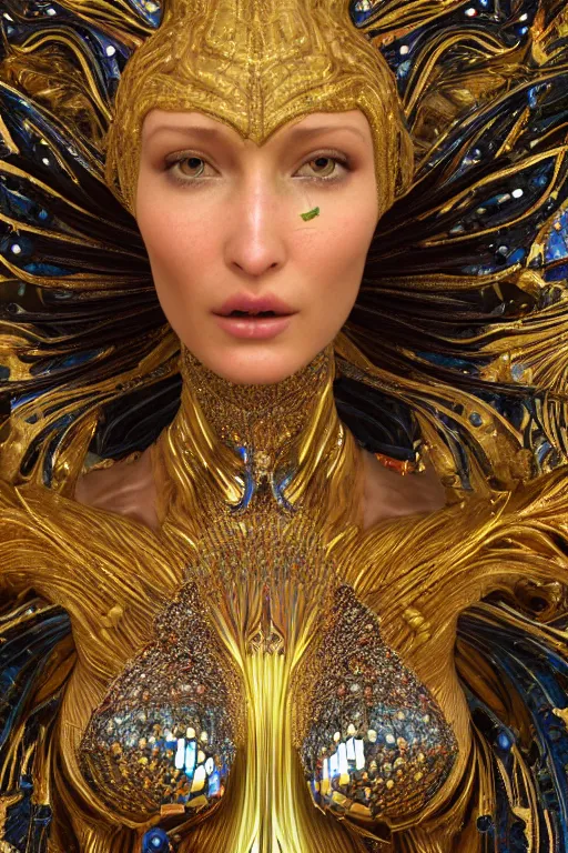 Prompt: a highly detailed metahuman 4 k close up render of an alien goddess bella hadid as kleopatra in iris van herpen dress schiaparelli in diamonds crystals swarovski and jewelry in style of alphonse mucha gustav klimt trending on artstation made in unreal engine 4