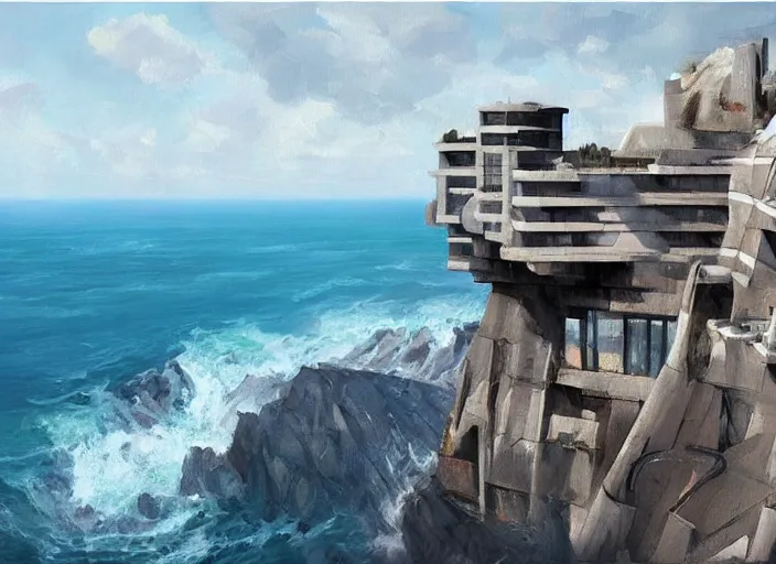 Image similar to villain brutalist big base of james bond, coastal perched on a cliff overlooking a magnificient bay, concept art oil painting by jama jurabaev, extremely detailed, hard brush, stroke brush, artstation