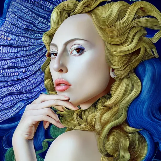 Image similar to photo realistic, hyper realism, lady gaga artpop act ii album, intricate detail, hyper detail, sandro botticelli style, with honey light brown rapunzel hair, detailed, masterpiece, sharp focus,