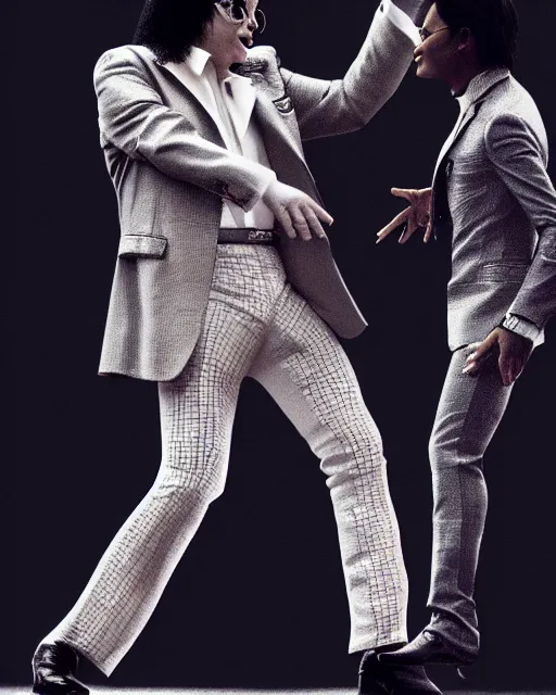 Prompt: Michael Jackson & Michael Mcintyre dancing in front of a crowd,real life skin, intricate, elegant, highly detailed, artstation, concept art, smooth, sharp, photo