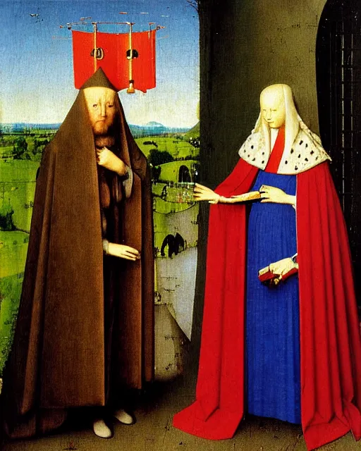 Prompt: The Arnolfini Portrait By Jan van Eyck painting by Hieronymus Bosch