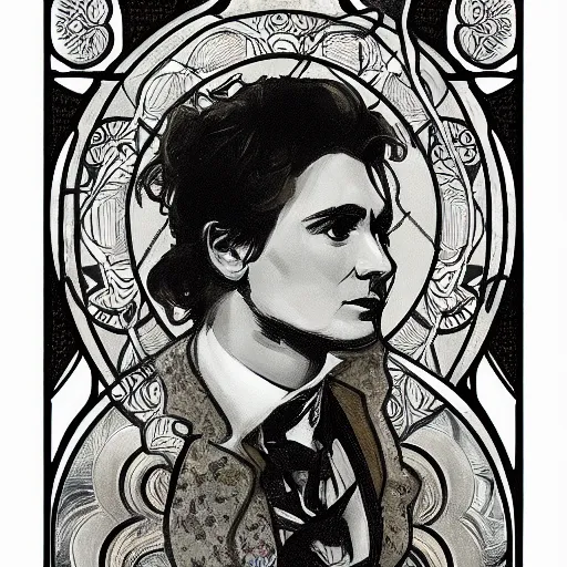 Prompt: David Tenant in style of Alfons Mucha, stylized