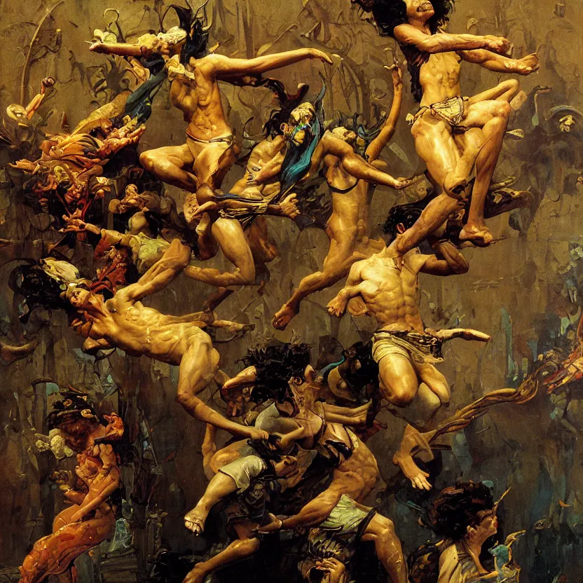 Prompt: a baroque neoclassicist close - up painting of tan people jumping out of picture frames. reflective detailed textures. glowing colorful fog, black background. highly detailed fantasy science fiction painting by moebius, norman rockwell, frank frazetta, and syd mead. rich colors, high contrast. artstation