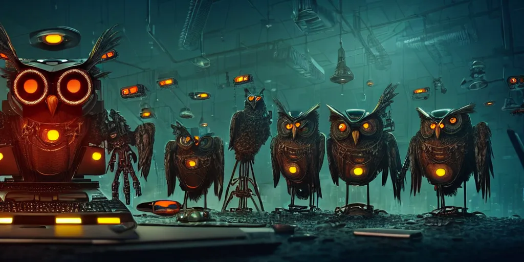 Image similar to an giant evil, malevolent, cyborg owls looking at a computer, surrounded by computer screens. steampunk. this 4 k hd image is trending on artstation, featured on behance, well - rendered, extra crisp, features intricate detail and the style of unreal engine. volumetric lighting octane render