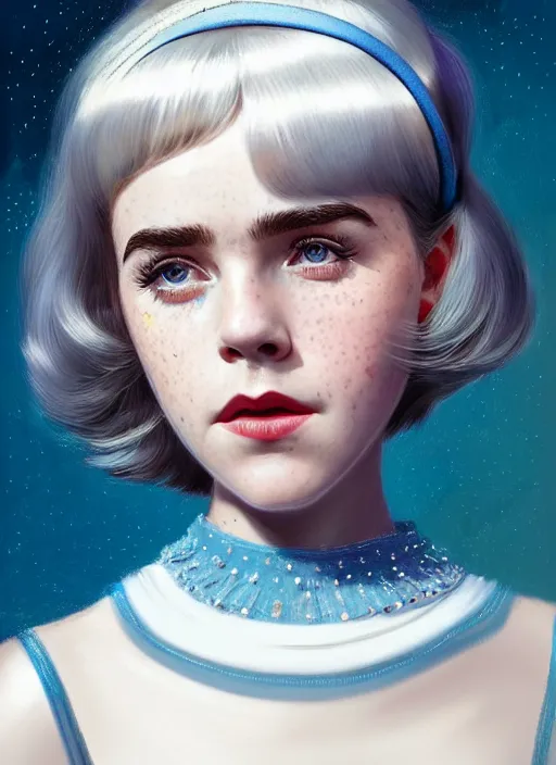 Image similar to portrait of kiernan shipka with freckles, white hair, big 1 9 6 0 s bob hairstyle with bangs and hairband, blue 1 9 6 0 s dress, intricate, elegant, glowing lights, highly detailed, digital painting, artstation, concept art, smooth, sharp focus, illustration, art by wlop, mars ravelo and greg rutkowski