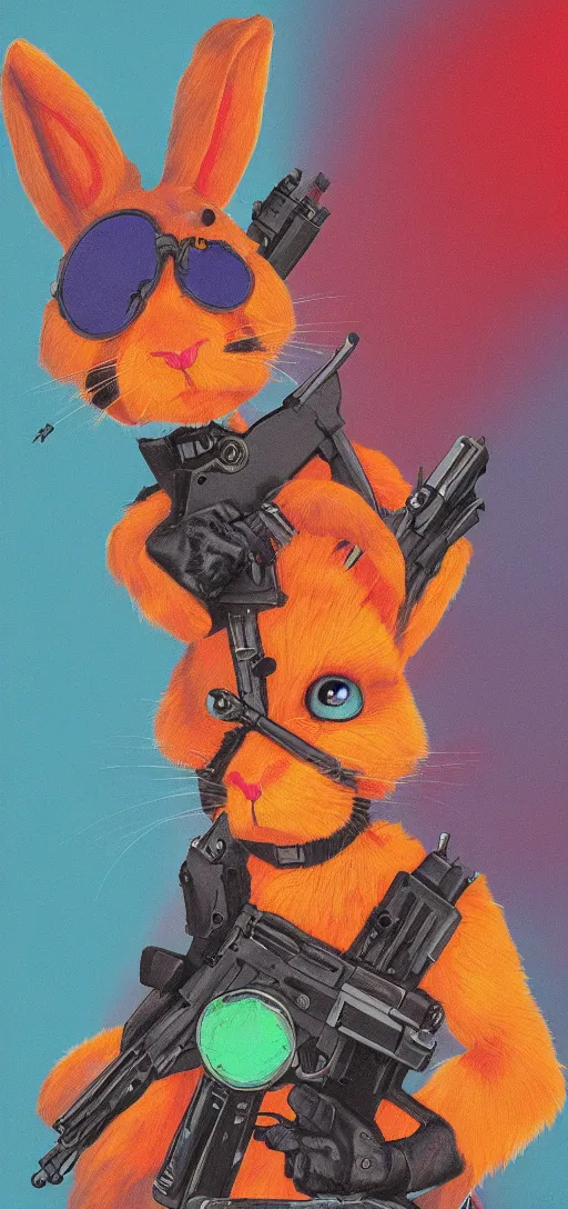 Image similar to portrait of neon fur rabbit with red eyes and a machine gun , 8k, highly detailed, sharp, realistic, in style of Brom