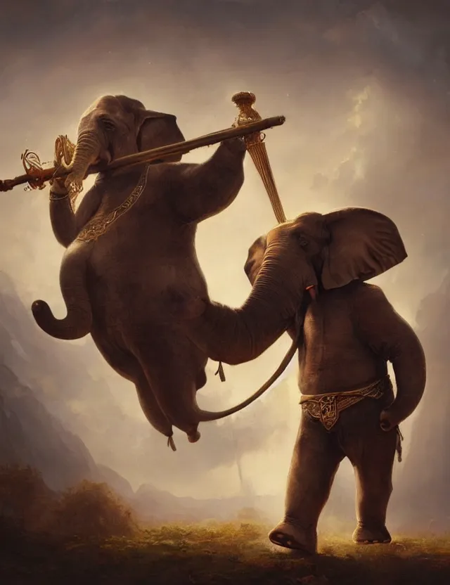 Prompt: painting of humanoid elephant wearing bard costume and holding a harp, epic, trending on artstation, masterpiece, cinematic lighting, by ross tran and by greg rutkowski