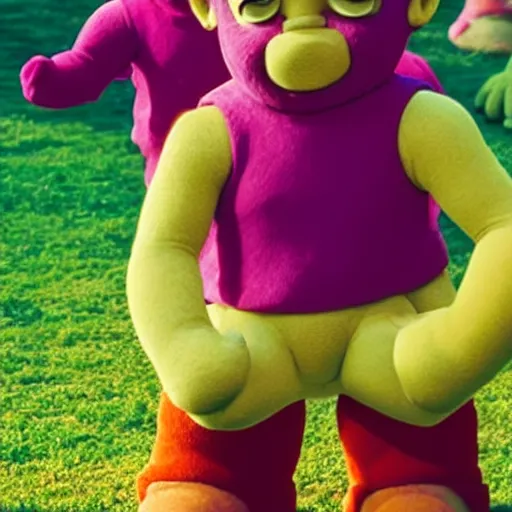 Image similar to kratos in teletubbies, from the new movie teletubbies, directed by peter jackson, bokeh, hyperrealism