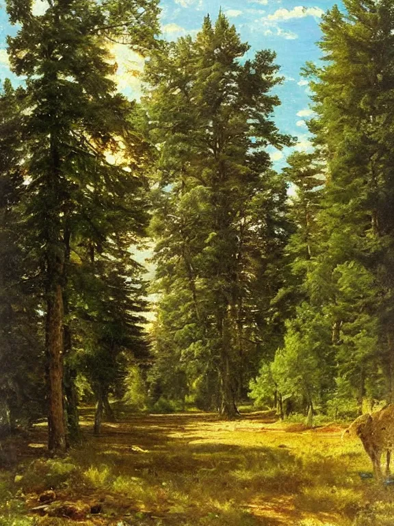 Image similar to Ivan Shishkin painting of a beautiful burger at forest, beautiful lighting, sunny, summer, painting Ivan Shishkin