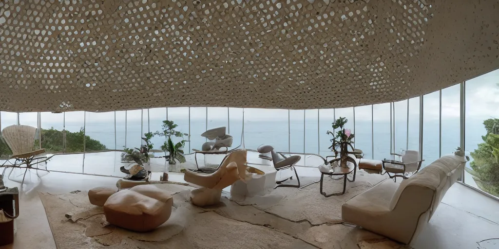 Prompt: interior of a home that is an underwater concrete geodesic dome