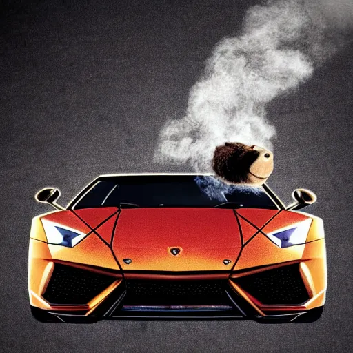 Image similar to A bear in a suit smoking a cigar while drifting in a Lamborghini, digital art