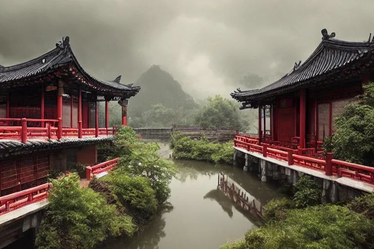 Prompt: in the rain, some ancient chinese houses, bridge, river mysterious and serene landscape, clouds, trending on artstation