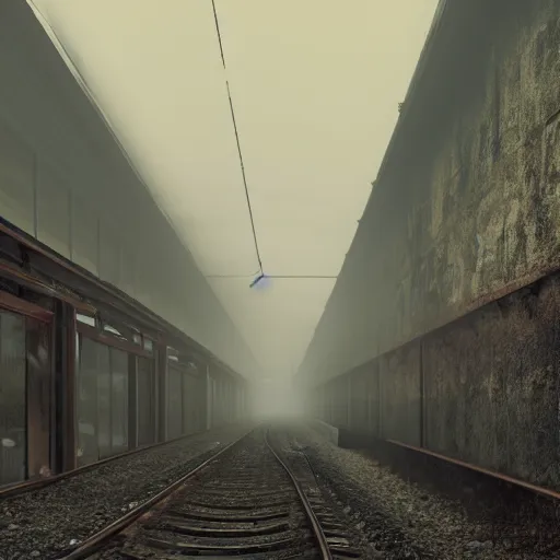 Prompt: derelict train station, cracked walls, dust, dirt, moss, messy, fog, hyperdetailed, 4 k